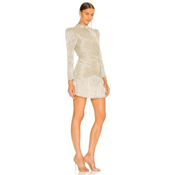 Saylor Saydee Silver Metallic Plisse Jacquard Mock Neck Party Mini Dress Size XS - Picture 2 of 9